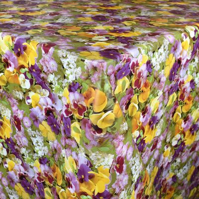 KEVKUS C970 Pansy Floral Oilcloth Tablecloth by the Meter, Round 120 cm, Piped Edge