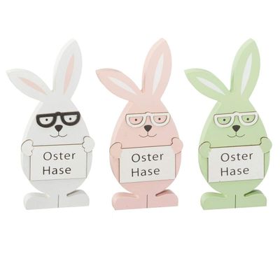 schenken-24 Set of 3 Wooden Easter Bunnies with Glasses, 15 cm