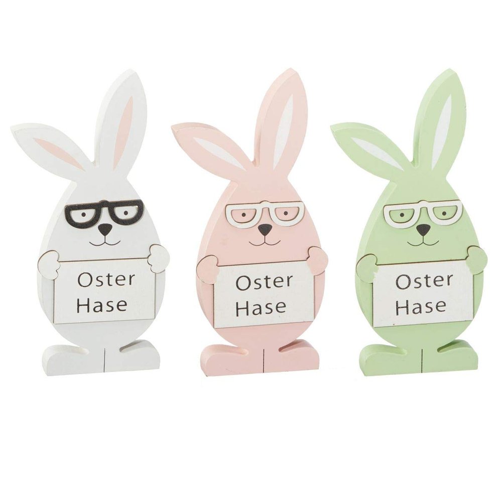 schenken-24 Set of 3 Wooden Easter Bunnies with Glasses, 15 cm