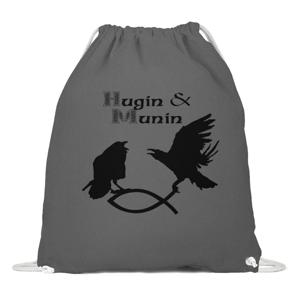 Hugin & Munin – Ravens Catch the Christian Fish Cotton Gymsac, 37 × 46 cm, Graphite Gray