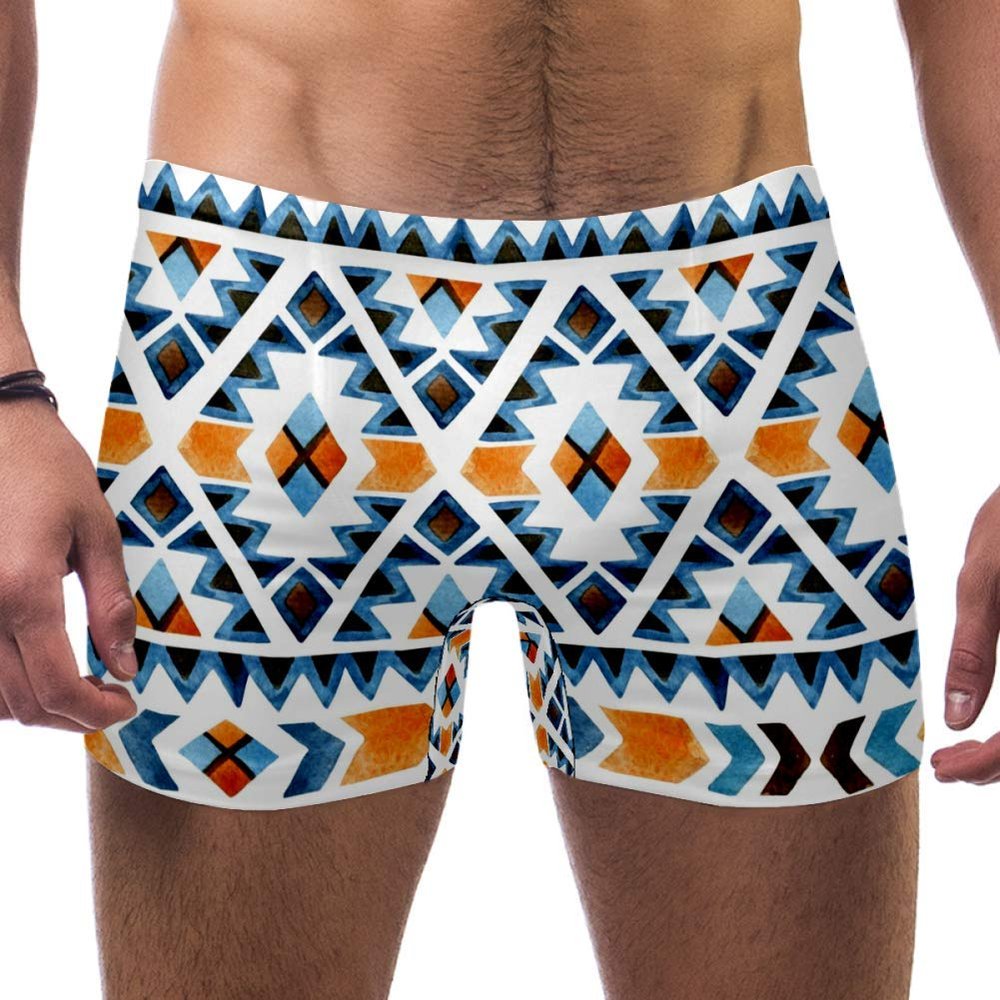 Lorvies Men's Swim Trunks, Ethnic African Aztec Tribal Pattern, Short Square-Cut, S/L-XL, Multicolor