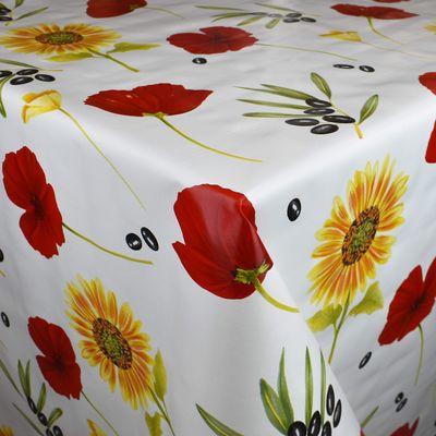 KEVKUS Oilcloth Tablecloth by the Meter M19266, Poppies, Sunflowers and Olives on White, Rectangular/Round/Oval, 70 x 240 cm