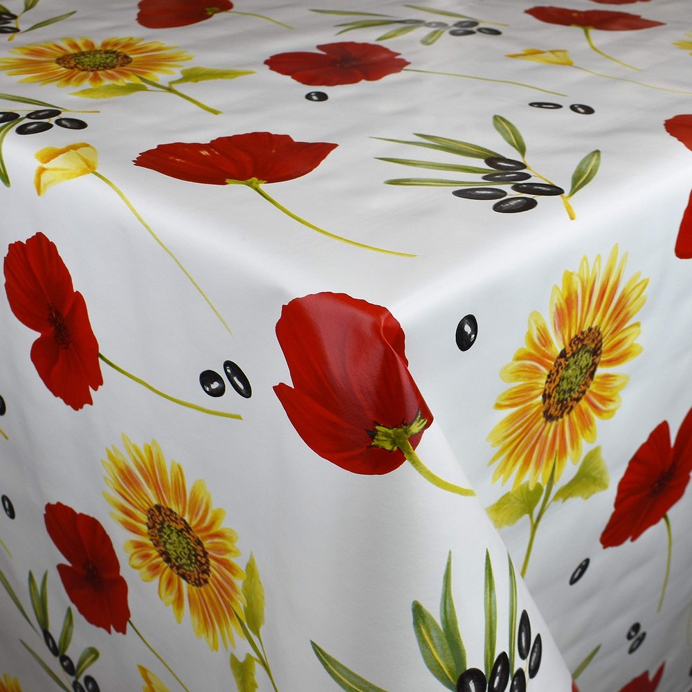 KEVKUS Oilcloth Tablecloth by the Meter M19266, Poppies, Sunflowers and Olives on White, Rectangular/Round/Oval, 70 x 240 cm