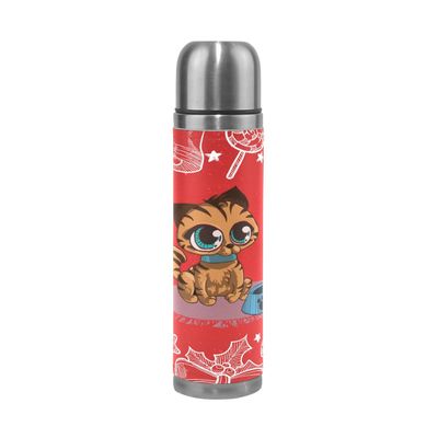 BEUSS Red Snow Cat Stainless Steel Insulated Water Bottle, Leakproof, Leather-Wrapped, 500 ml