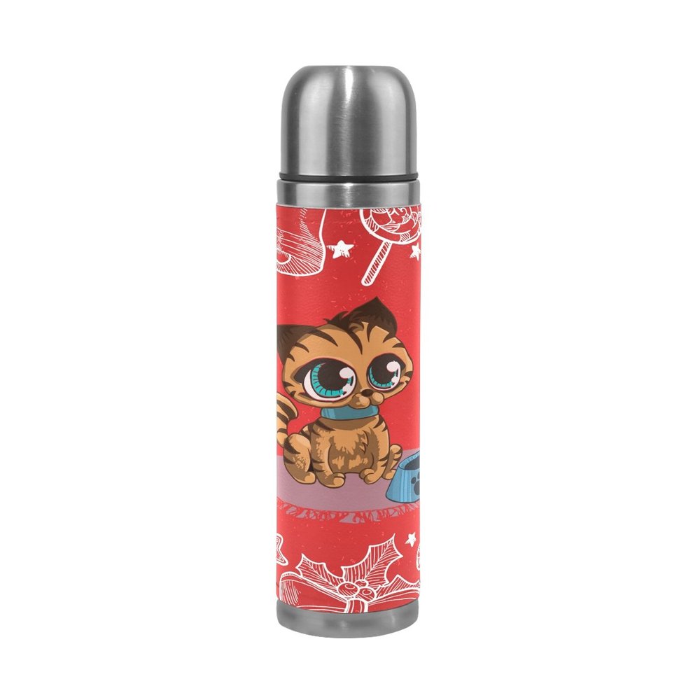 BEUSS Red Snow Cat Stainless Steel Insulated Water Bottle, Leakproof, Leather-Wrapped, 500 ml