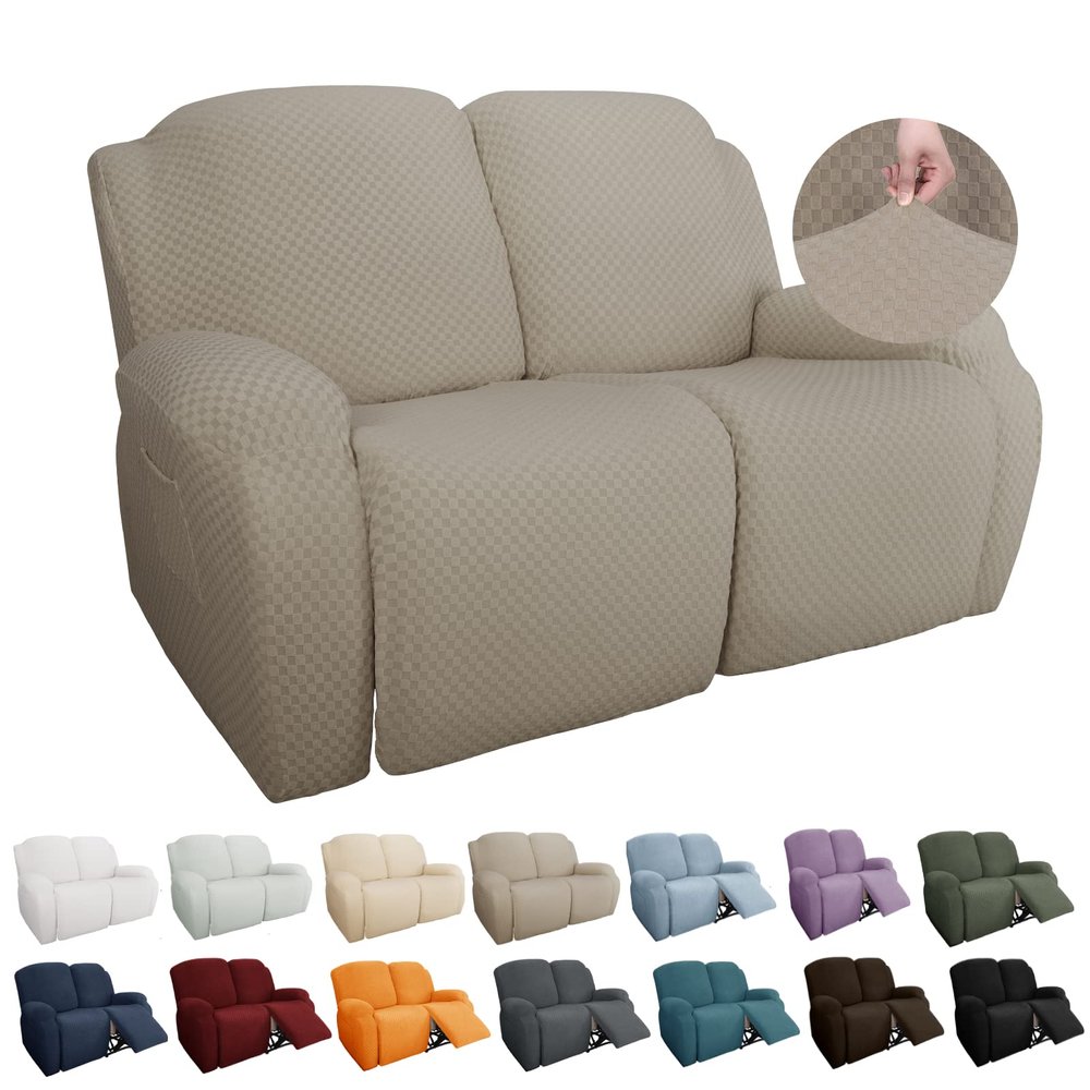 YEMYHOM 6-Piece Stretch Recliner Loveseat Cover, Jacquard, with Side Pocket, Khaki