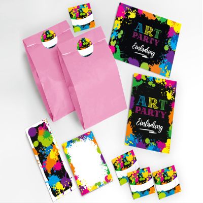 JuNa-Experten 10 Art Party Invitations for Kids, Light Pink, with Envelopes, Bags, Stickers, Bookmarks & Notepads