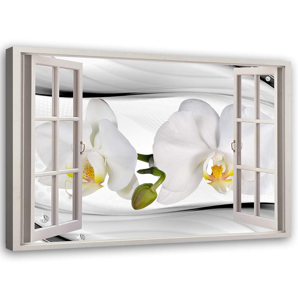 XXL Flower Window Illusion Canvas Wall Art, White, 120 x 80 cm