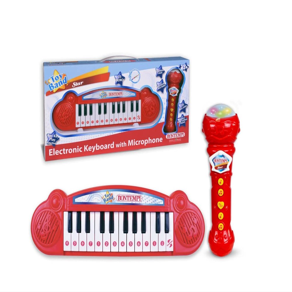 Bontempi Mini Keyboard and Karaoke Microphone, Red
