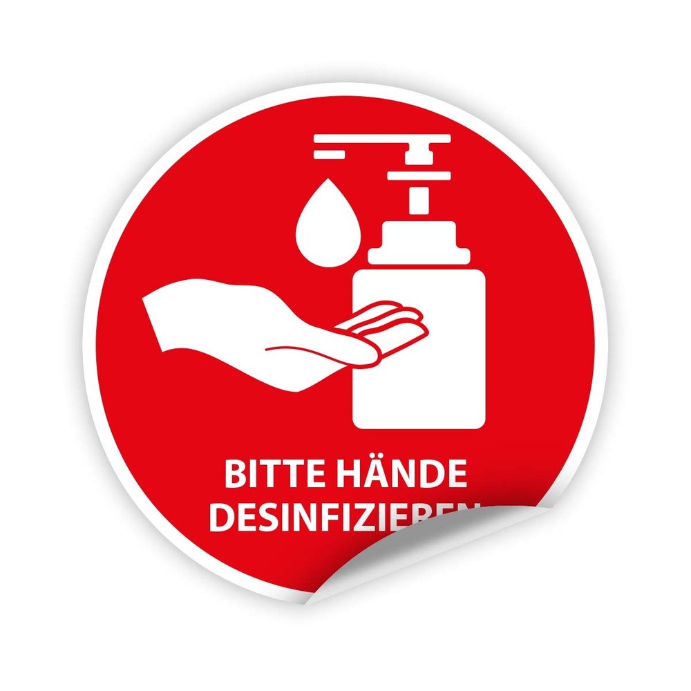 1x Self-Adhesive Sticker “Please Disinfect Hands” – Size Selectable, 10 cm Diameter