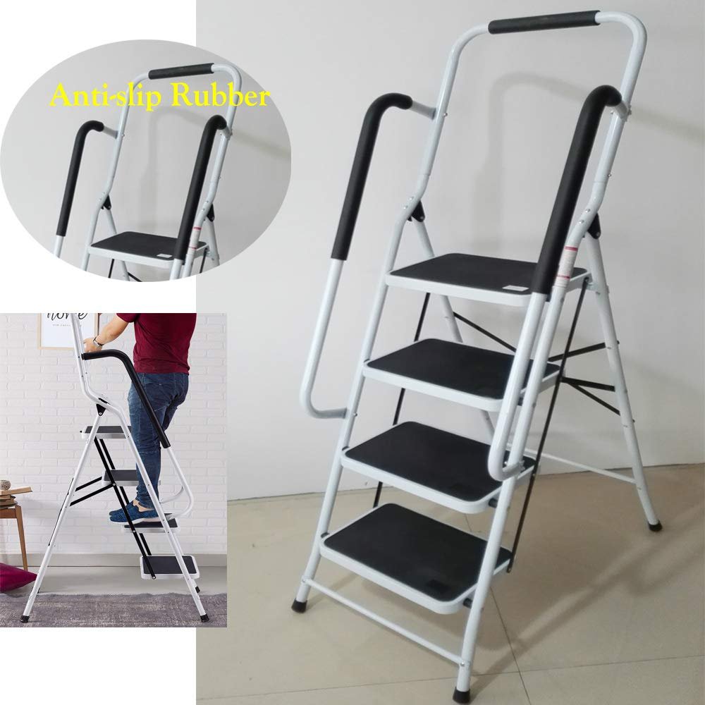 4-Step Folding Step Ladder with Handrail, Metal, 150 kg Capacity