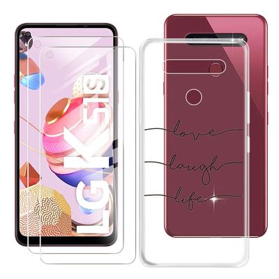 HHUAN Case + 2 Tempered Glass Screen Protectors for LG K51S (6.55"), Clear TPU Cover with Love Symbol