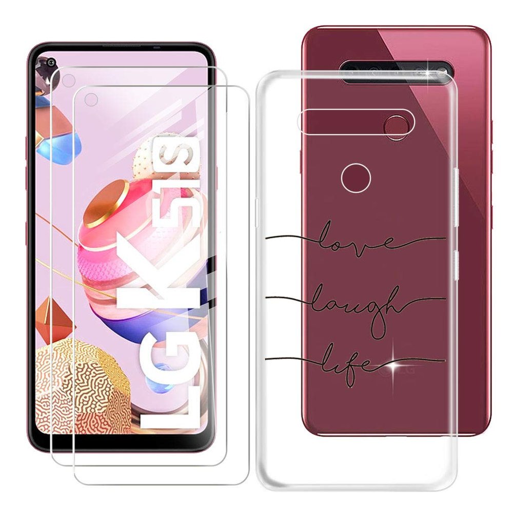 HHUAN Case + 2 Tempered Glass Screen Protectors for LG K51S (6.55"), Clear TPU Cover with Love Symbol