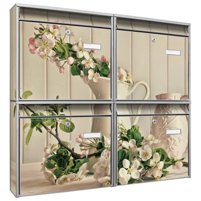 banjado 4-Compartment Wall-Mounted Mailbox Set, Silver, Cherry Blossom Design