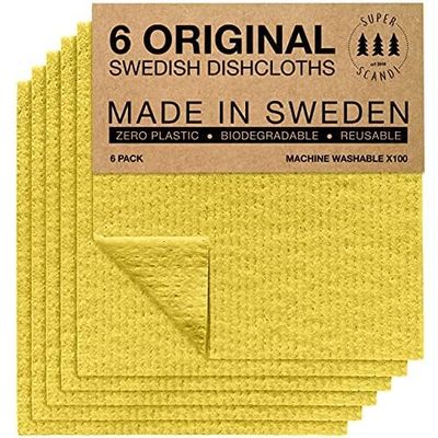 SUPERSCANDI Swedish Dishcloths, 6-Pack – 100% Biodegradable & Compostable | Reusable, Food-Safe Plastic-Free Sponge Cloths | Suitable for Every Surface | Yellow