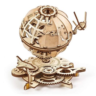 UGEARS Wooden Globe 3D Puzzle, Rotating Mechanical Model Kit with Shuttle and Sputnik