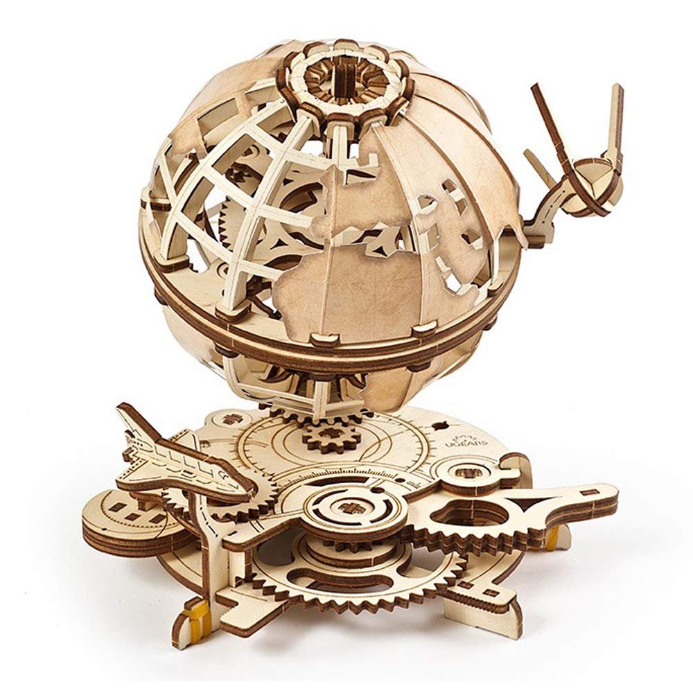 UGEARS Wooden Globe 3D Puzzle, Rotating Mechanical Model Kit with Shuttle and Sputnik