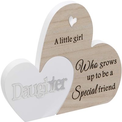 Maturi Freestanding Double Heart Sign with "Daughter" Inscription, Wood, Brown, 23 x 16 x 2 cm