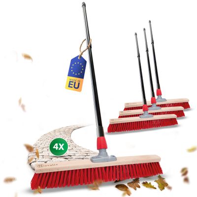 Novaliv 4-Pack Street Brooms, 60 cm, with Handles, Red Elaston, Telescoping Handles
