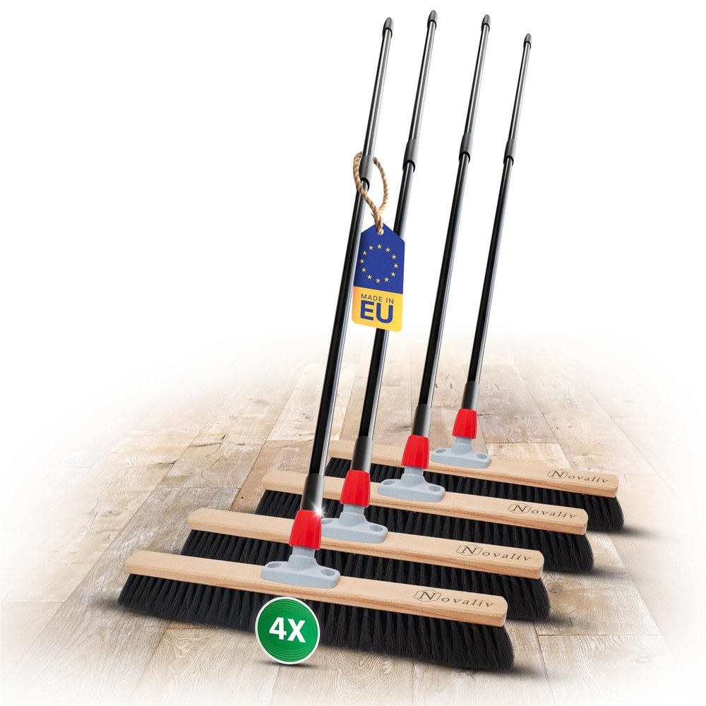 Novaliv 4-Pack Natural-Hair Brooms, 60 cm, with Telescopic Handles, Black Horsehair, Indoor Use