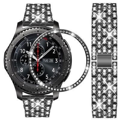 DEALELE 22mm Diamond Stainless Steel Band with Bezel Ring Cover for Galaxy Watch 46mm, Samsung Gear S3 Frontier/Classic, Black