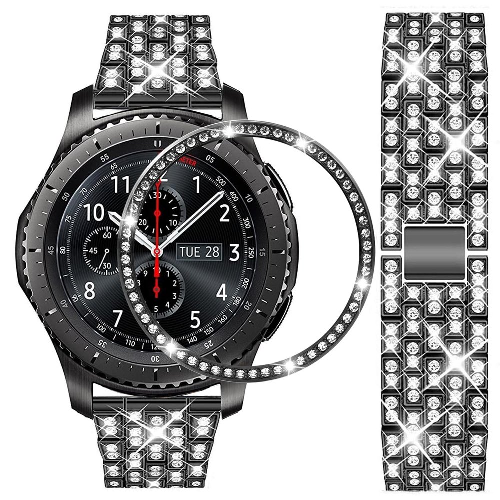 DEALELE 22mm Diamond Stainless Steel Band with Bezel Ring Cover for Galaxy Watch 46mm, Samsung Gear S3 Frontier/Classic, Black