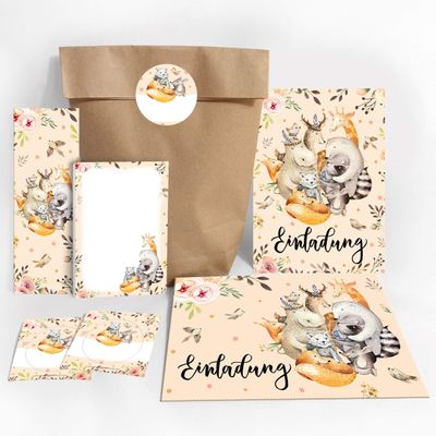 JuNa-Experten 12 Woodland Animal Birthday Invitations for Girls and Boys, with Envelopes, Bags, Stickers, Bookmarks and Notepads