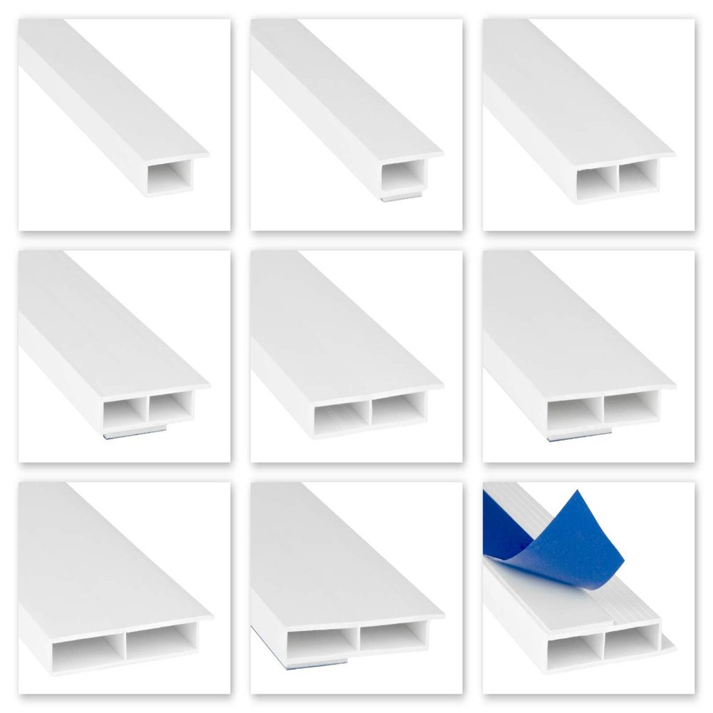 HEXIM Window/PVC Cover Strips 7 mm – Hollow-Chamber Profiles, Optional Foam Adhesive Tape and Wall-Finish Flange – 2 m per Strip (40 × 7 mm, HJ 203)