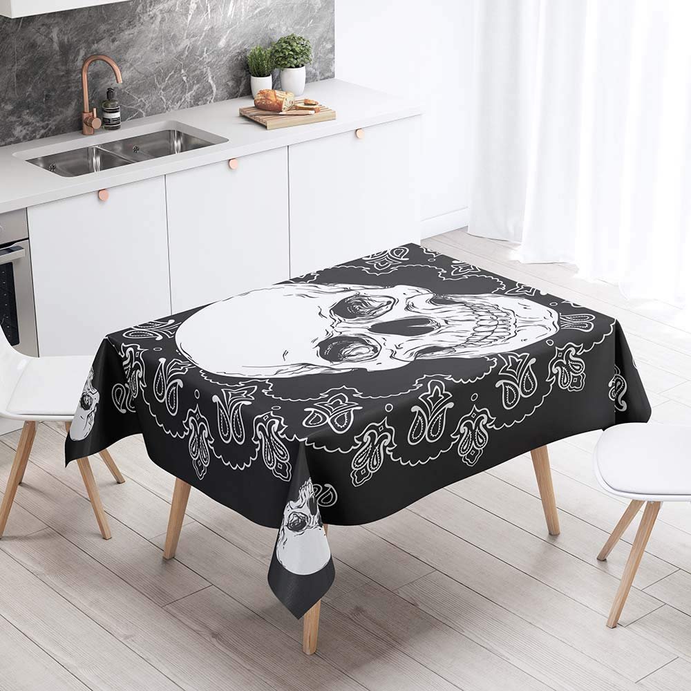 Chickw1 Washable, Waterproof Polyester Tablecloth, Rectangular, Stain-Resistant, Easy-Care, Black Horror Skull Outdoor Garden Tablecloth (White Bohemian, 100 × 140 cm)