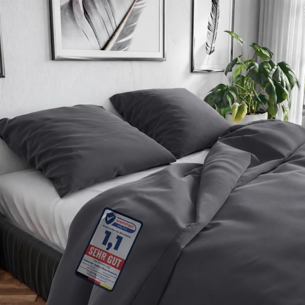 Wolkenfeld Cotton Renforcé Bedding Set 135 x 200 cm, OEKO-TEX, Duvet Cover & Pillowcase 80 x 80 cm, Anthracite