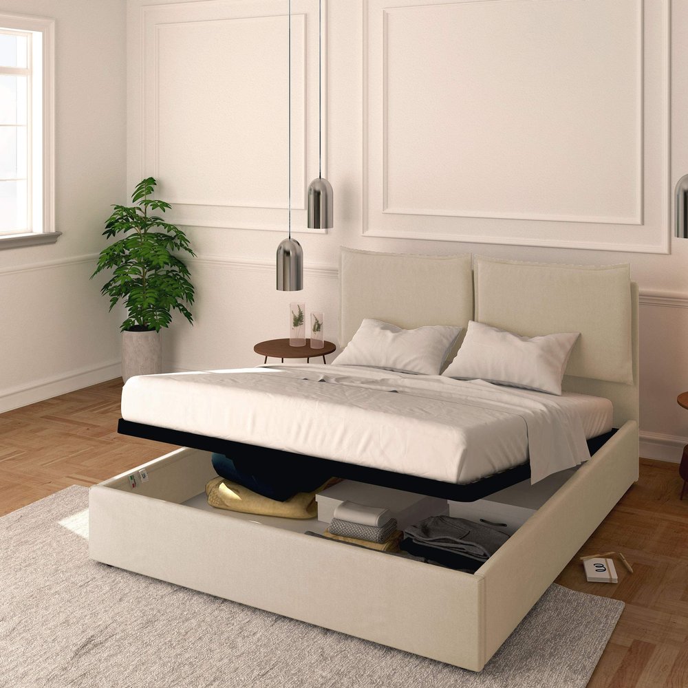 Baldiflex Licia Fabric Double Bed with Storage, 160 x 190 cm, Beige