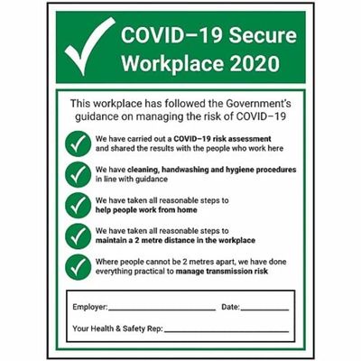 V Safety CV191BC-R COVID-Secure Workplace Sign, 300 x 400 mm, 1 mm Rigid Plastic, Green