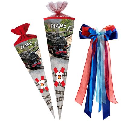 School Cone with Steam Locomotive Design, 50 cm, Personalized Name and Large Bow
