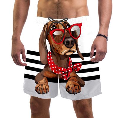 Eslifey Men's Beach Shorts, Dachshund in Sunglasses, Polka Dots, Bandana and Stripes, Multicolor