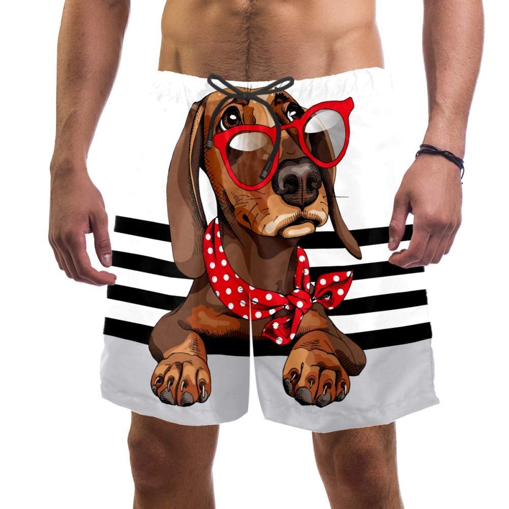 Eslifey Men's Beach Shorts, Dachshund in Sunglasses, Polka Dots, Bandana and Stripes, Multicolor