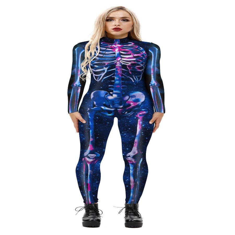 Honeystore Women's Skeleton Print Jumpsuit Costume, 3D Stretch Bodysuit, Royal Blue, XL