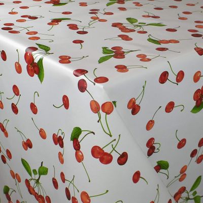 KEVKUS Oilcloth Tablecloth by the Meter K150178 Cherries on White, Rectangular/Round/Oval, 140 x 280 cm Rectangular, Crocheted Border