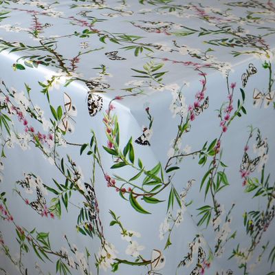 KEVKUS Oilcloth Tablecloth by the Meter K150206, Cherry Blossoms and Butterflies on Light Blue, Rectangular, Round or Oval