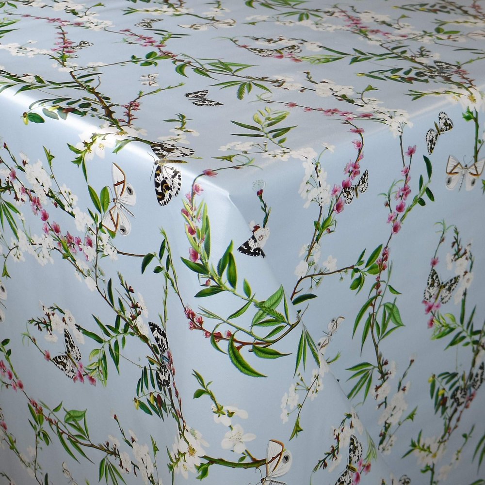 KEVKUS Oilcloth Tablecloth by the Meter K150206, Cherry Blossoms and Butterflies on Light Blue, Rectangular, Round or Oval