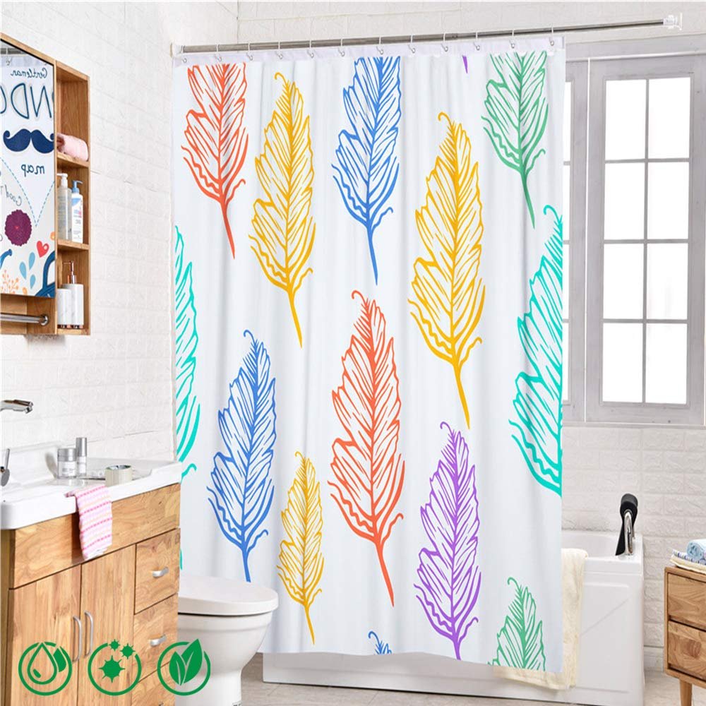 EnHome Washable Waterproof Polyester Shower Curtain with 12 Rings, Colorful Leaf Print, 165 x 180 cm, B