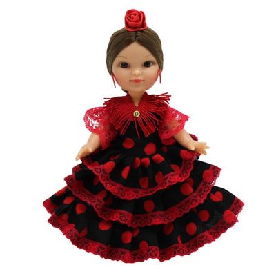 Folk Artesana Collectible Doll, 25 cm. Andalusian Regional Flamenco Dress with Flower, Espaa Dolls. (Black Dress with Red Polka Dots)