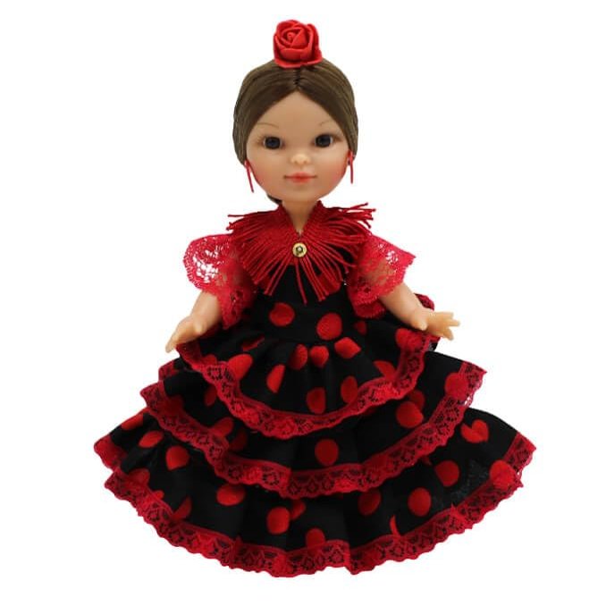 Folk Artesana Collectible Doll, 25 cm. Andalusian Regional Flamenco Dress with Flower, Espaa Dolls. (Black Dress with Red Polka Dots)