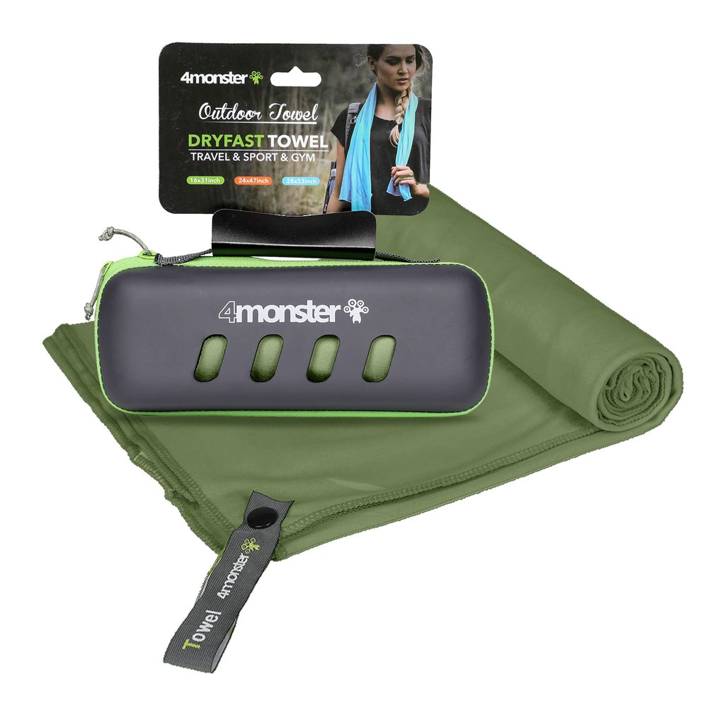 4Monster Microfiber Towel with Carrying Case, Super Absorbent Quick-Drying Travel Towel, Army Green, 40 x 80 cm