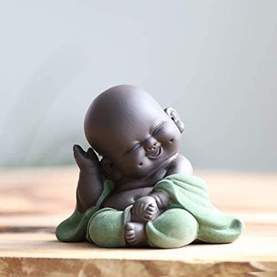 MonLiya Ceramic Little Buddha Monk Statue, Green, 2.8 in. Tall