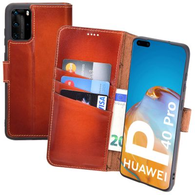 Suncase Slim-Fit Book-Style Genuine Leather Case for Huawei P40 Pro, 3 Card Slots, Burned Cognac