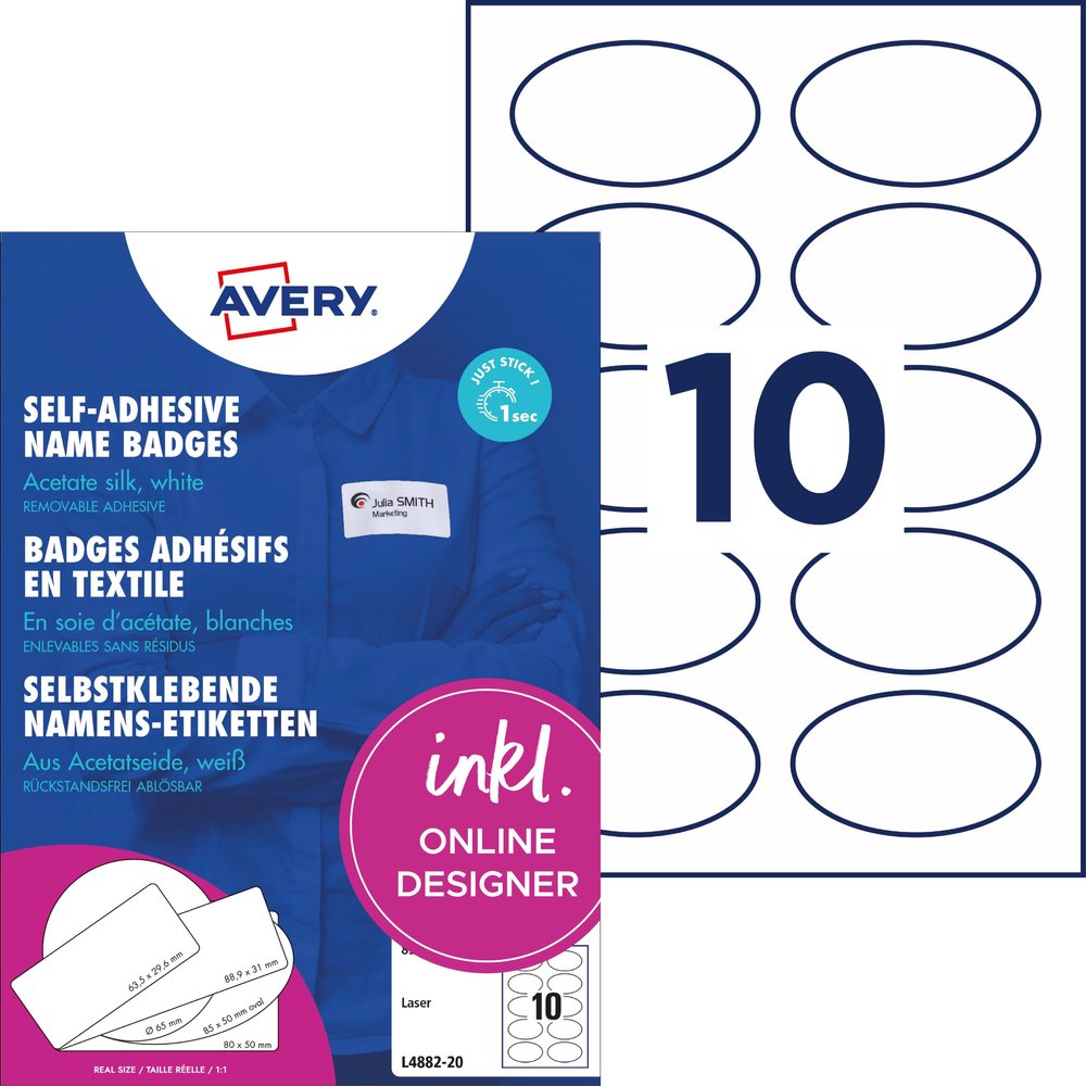 Avery Zweckform L4882-20 Name Badges, Removable, 85 x 50 mm, White, 20 Sheets