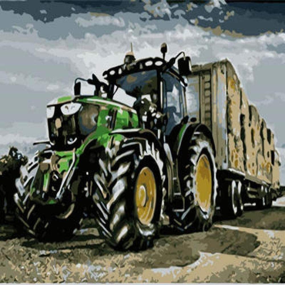 YUNLINZI DIY Paint by Numbers for Adults and Children, Green Tractor Harvest, 40 x 50 cm