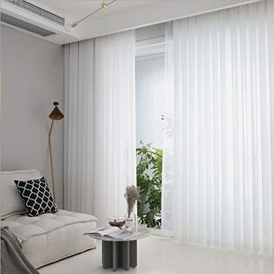E-ROCK Custom-Made White Voile Sheer Curtain Panel with Lead Tape and Gathering Tape, Height 90–295 cm (240 cm H × 250 cm W)