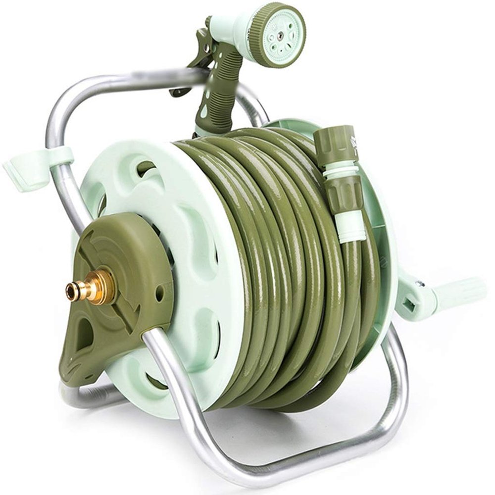 YUESFZ Aluminum Alloy Garden Hose Reel Cart with Storage Rack, Green + 20 m Hose
