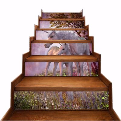 A.Monamour Self-Adhesive Stair Stickers, 3D Fantasy Unicorn Family in Purple Forest, Waterproof Vinyl, 6 Pieces